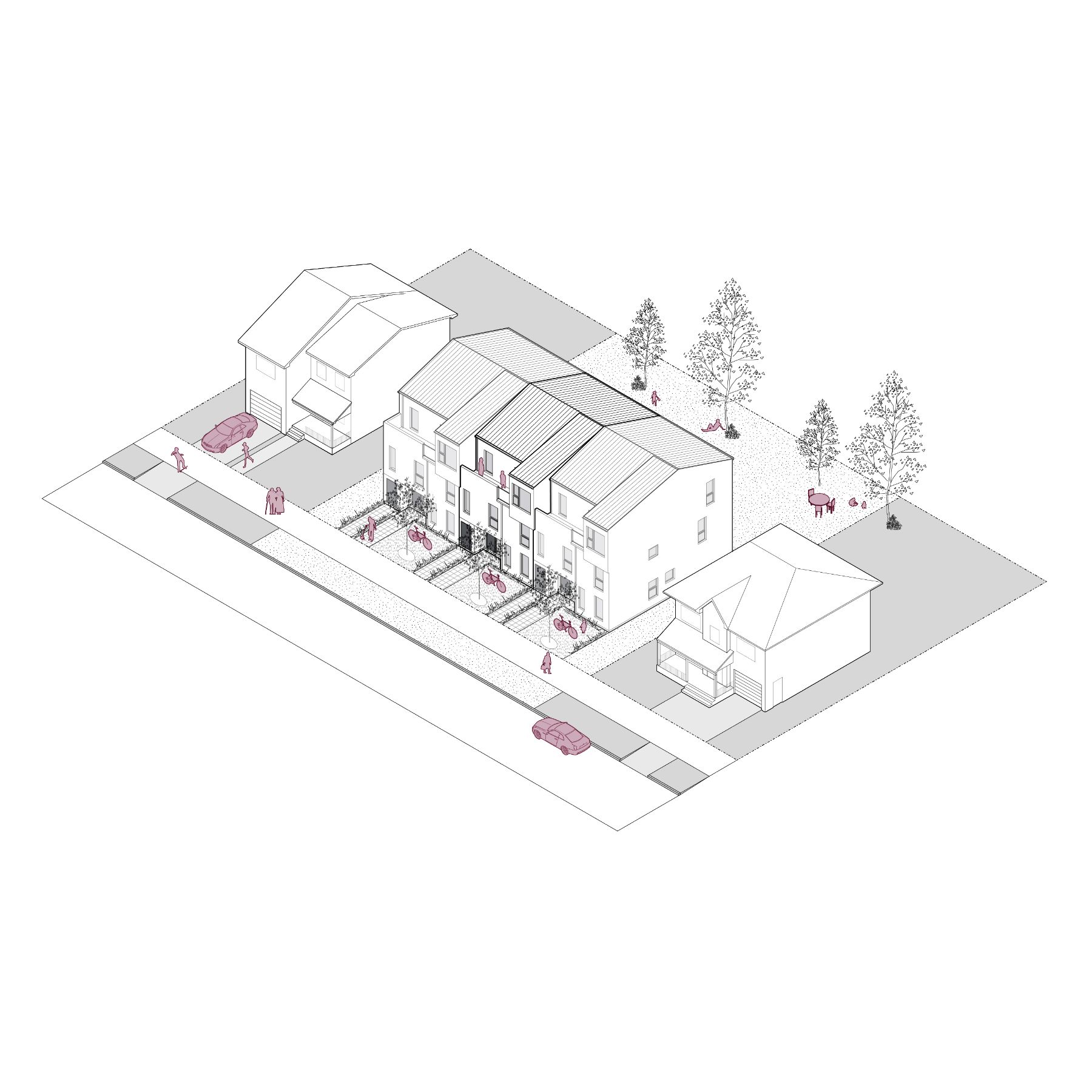 Rendu filaire 3D d’un immeuble de maisons en rangée superposées de trois étages, d’une superficie d’environ 937 pieds carrés par logement. L’image montre l’intégration de l'immeuble dans un quartier résidentiel et met en relief l’aménagement de deux logements sur plusieurs étages.